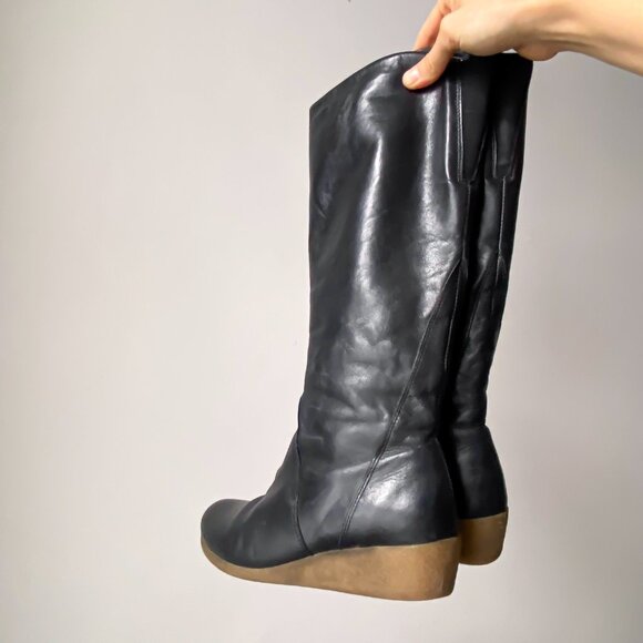 ❄️ Y2K Vintage Sleek Black Knee-High Leather Wedge Heeled Boots with Round Toes - Picture 7 of 9